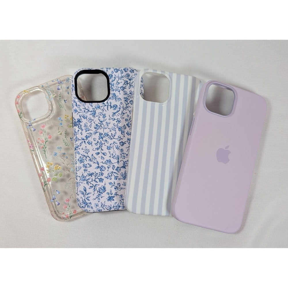 Apple iPhone 14 Case Bundle Lavender Silicone Floral Toile Striped Clear 4pc set